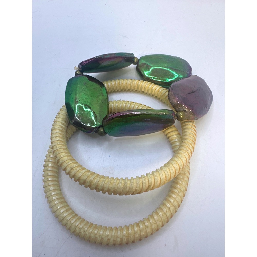 Unbranded Iridescent Shell Carved Bone Bangle Bracelet Set Women OS Multicolor